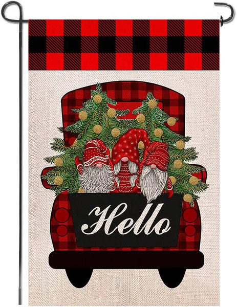 Hello Christmas Winter Red Truck Gnome Burlap Garden Flag