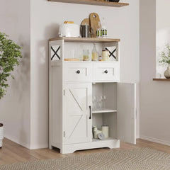 Farmhouse White Storage Cabinet with Doors and Drawers