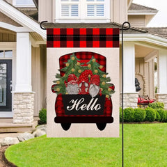 Hello Christmas Winter Red Truck Gnome Burlap Garden Flag