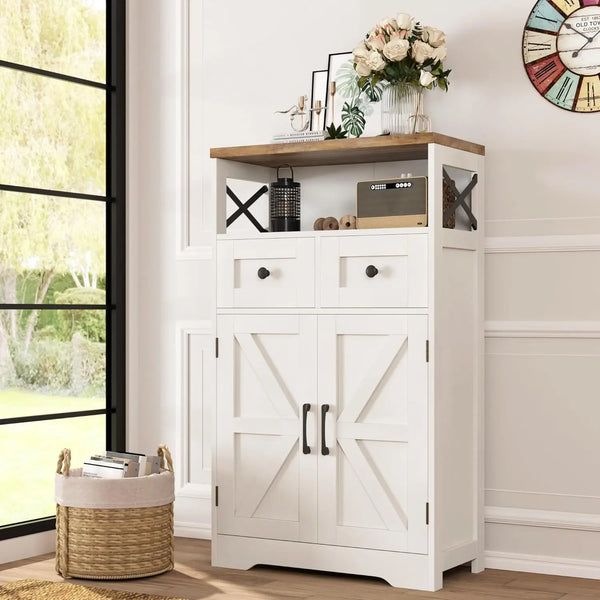 Farmhouse White Storage Cabinet with Doors and Drawers