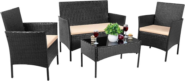 PE Rattan Wicker Chairs Beige Cushion with Table (Black)