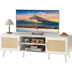 Wood Feet Furniture Rattan TV Console With 2 Cabinets