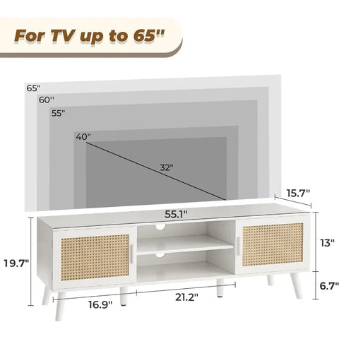 Wood Feet Furniture Rattan TV Console With 2 Cabinets