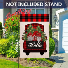 Hello Christmas Winter Red Truck Gnome Burlap Garden Flag